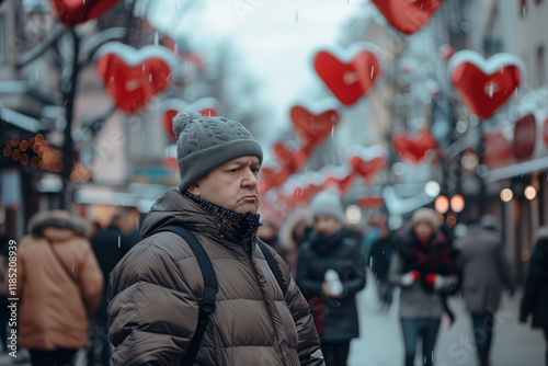 Sad Single Man Walking Lonely on Singles Day Jealously Watching Couples in Romantic Streets Filled with Love photo