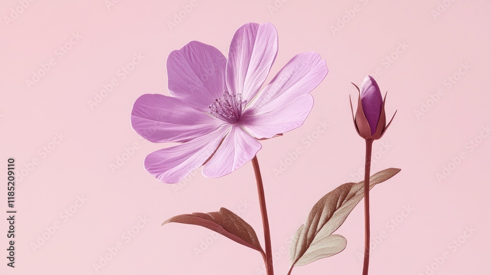 A single pink flower with a bud next to it against a pink background. A single pink flower with a bud next to it against a pink background.