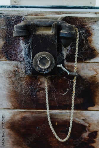 Abandoned vintage phone, covered in cobwebs, hanging on weathered wooden wall. Spooky, forgotten relic. , DARGAVILLE, NORTHLAND, NEW ZEALAND photo