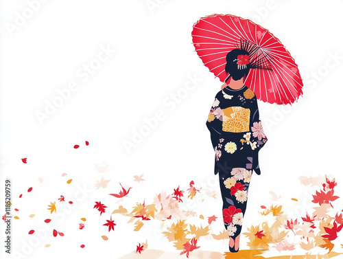 白背景に秋の紅葉が舞う中で花柄の着物を着た女性が傘を刺しているイラスト