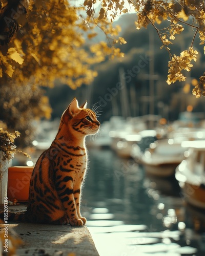 Majestic Cat by Tranquil Riverbank Overlooking Boats in Sunlit Autumn Scene | Serene Pet, Nature, and Nautical Photography in Golden Hour photo