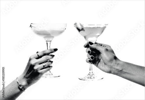 Halftone hands with martini glasses