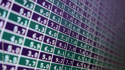 Spreadsheet table columns and rows filled with numbers. Camera shot of a computer screen monitor.