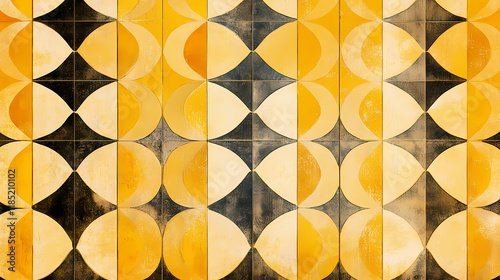 Vintage abstract wallpaper pattern with yellow geometric paving. Flameleaf. Illustration photo