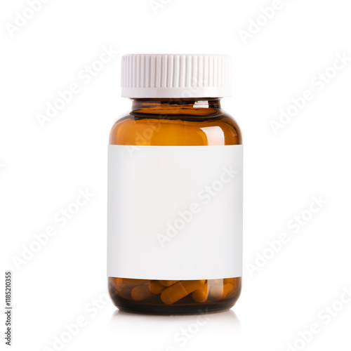 Brown glass bottle with supplement isolated on white background. 