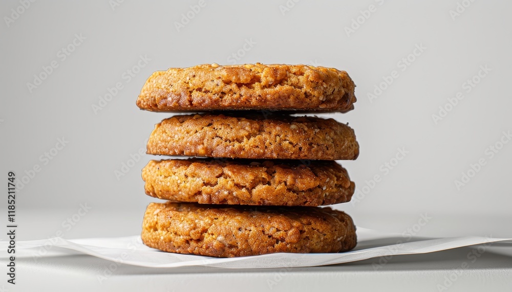 A stack of four round, golden-brown cookies on a white surface. A stack of four round, golden-brown cookies on a white surface.