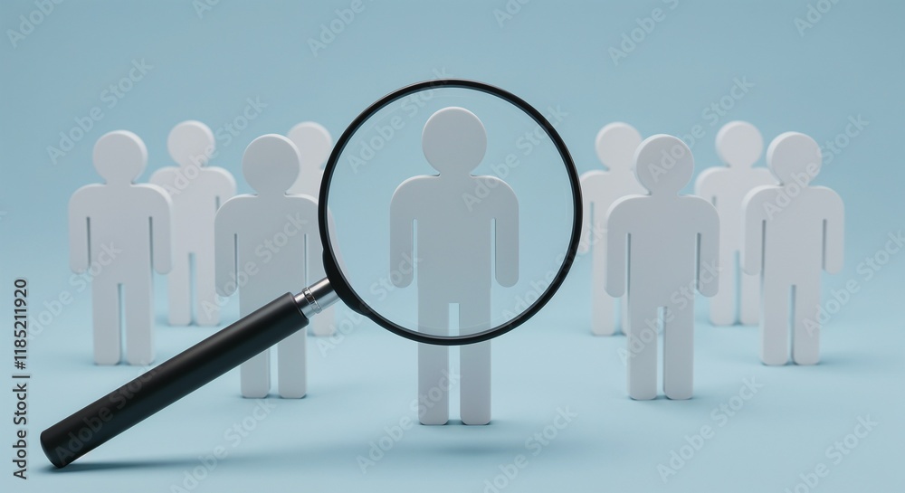 A magnifying glass emphasizes an individual figure amid a group on a solid background, symbolizing concepts of selection and individual focus.
A magnifying glass emphasizes an individual figure amid a group on a solid background, symbolizing concepts of selection and individual focus.