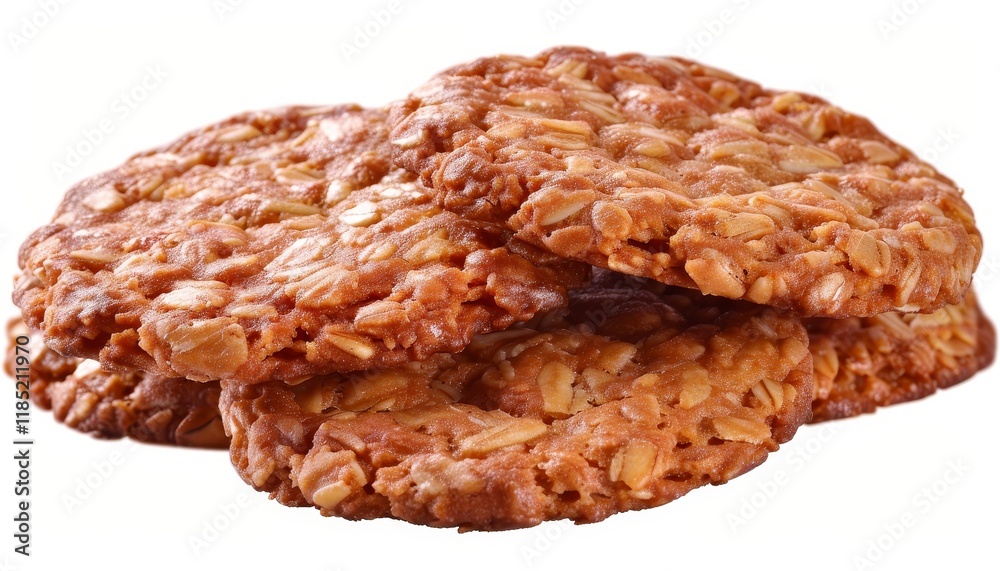 Close-up of three golden brown oatmeal cookies with a crispy texture isolated on a white background.