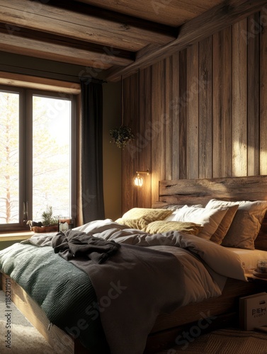 Cozy Wooden Bedroom With Na...