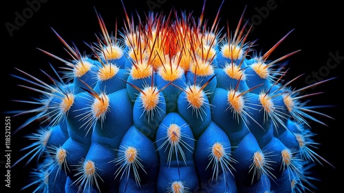 Close-up of a vibrant blue cactus with sharp spines and orange tips, isolated on black background. photo