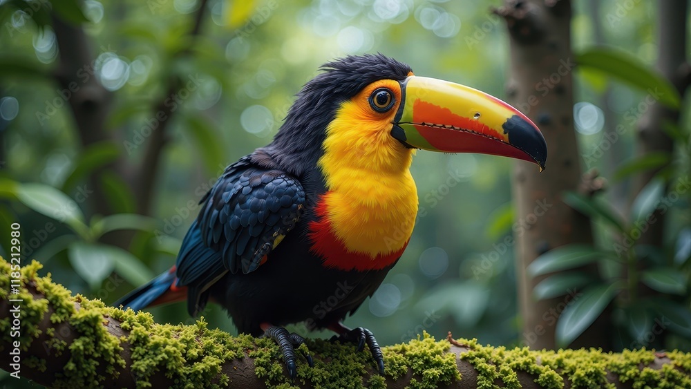Obraz premium A vibrant toucan perches on a lush, emerald-green branch, its striking beak a kaleidoscope of bright yellow, fiery red, and sleek black hues, set against a soft focus background