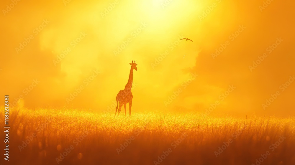 Silhouette of a giraffe in a golden sunset savanna landscape.