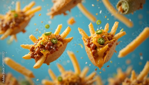 High-detailed and realistic image of chili cheese fries in mid-air against a vibrant blue background.  The fries are crispy and golden, topped with a rich chili and melted cheese, with jalapenos and o photo