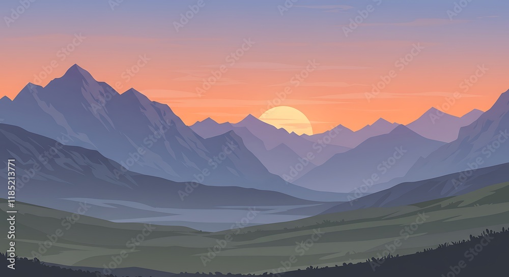 Obraz premium Seamless landscape. Beautiful sunset at mountains. Vector illustration