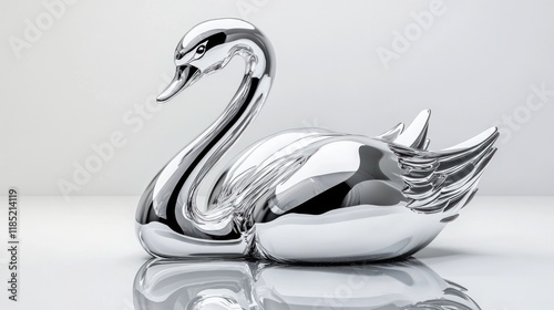 Fototapeta Naklejka Na Ścianę i Meble -  Chrome swan sculpture on white background, studio shot, reflection, luxury decor