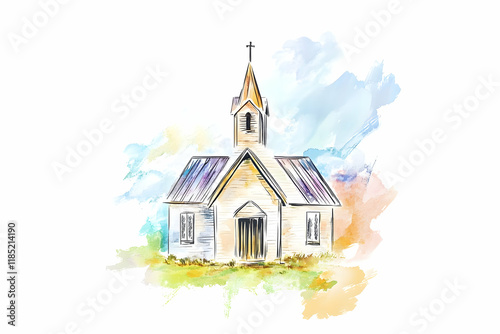 Watercolor church rural landscape illustration photo