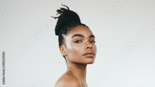 Confident woman with sleek hair up in a bun posing gracefully against a minimalist background. photo