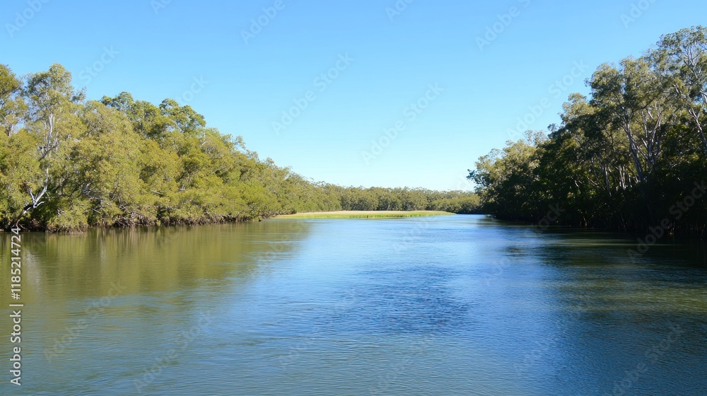 A serene river scene surrounded by lush greenery under a clear blue sky. A serene river scene surrounded by lush greenery under a clear blue sky.