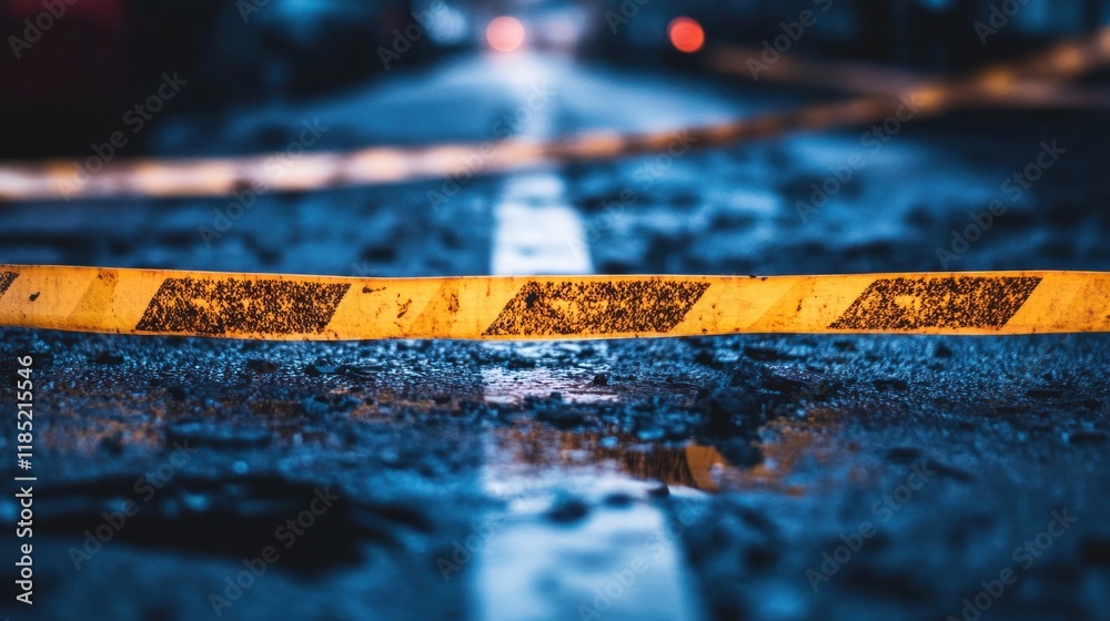 Obraz premium Yellow caution tape across a damaged road at night.