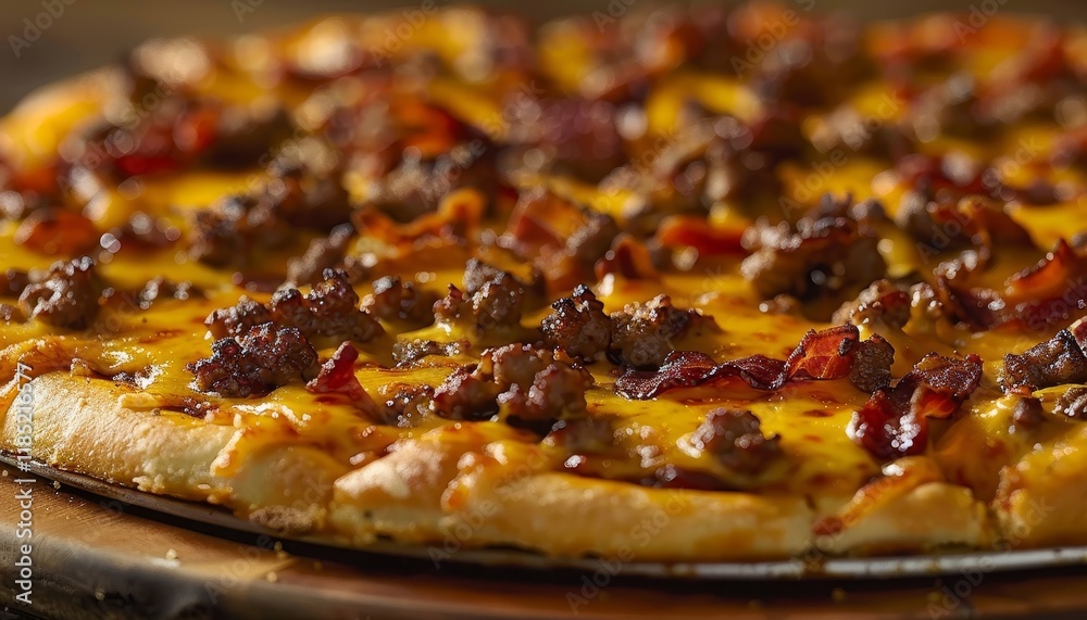 A close-up of a delicious pizza with melted cheese, ground beef, and bacon. A close-up of a delicious pizza with melted cheese, ground beef, and bacon.