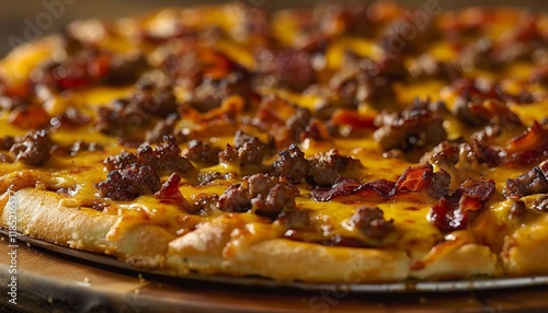 A close-up of a delicious pizza with melted cheese, ground beef, and bacon.