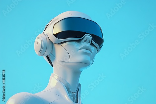 A futuristic robot wearing VR goggles, symbolizing advanced technology and virtual experiences.