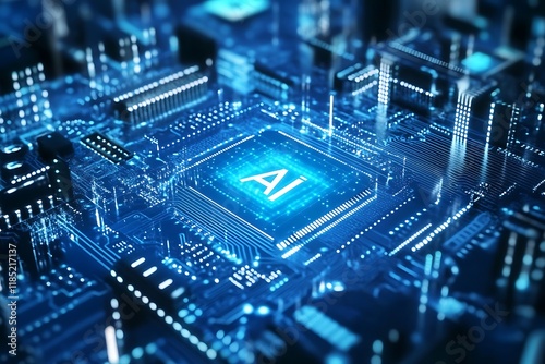 A close-up view of a circuit board featuring an AI chip, symbolizing advanced technology.
