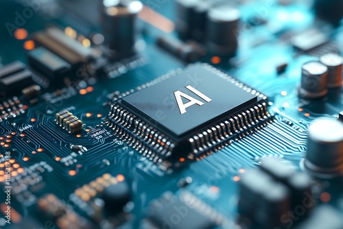 Close-up of a circuit board featuring an AI chip, highlighting technology and innovation.