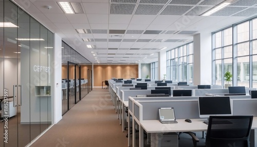 Modern Open Plan Office Workspace with Computer Stations and Glass Partitions