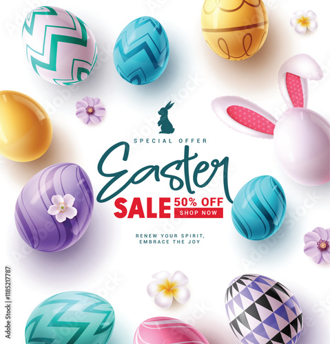 Happy easter sale text clipart poster design. Easter shopping sale special offer clip art with printed pattern colorful eggs, flowers and wishes in white background. Vector illustration easter sunday 