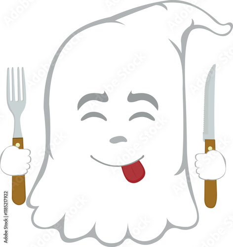 vector illustration character ghost cartoon, an expression of yummy how delicious with a knife and fork in his hands