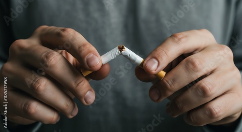 A close-up image of hands breaking a cigarette, symbolizing quitting smoking for better health.

 photo