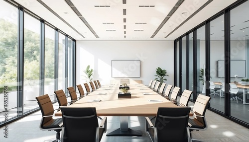 Modern Light Filled Conference Room with Large Windows and Wooden Table