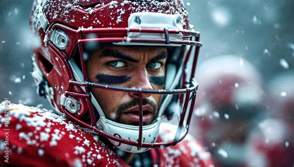 Close-up of a focused football player in a red helmet, standing in the snow during an intense winter game. Close-up of a focused football player in a red helmet, standing in the snow during an intense winter game.