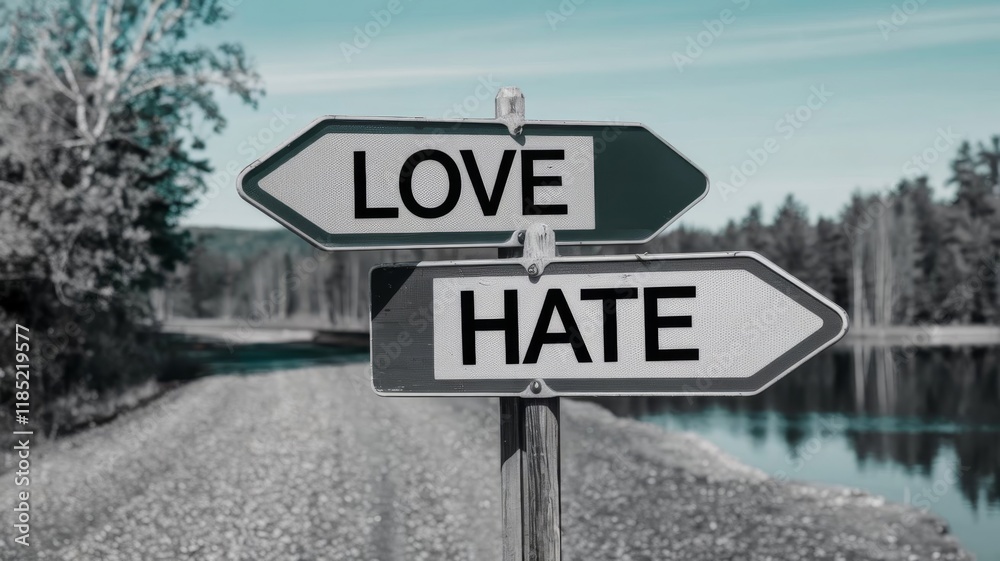 Love and Hate road signs pointing in opposite directions symbolizing emotional conflict Love and Hate road signs pointing in opposite directions symbolizing emotional conflict