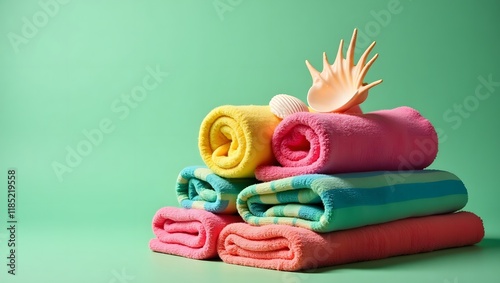 Stack of colorful rolled towels and seashells - evokes relaxation, warmth, and summer vibes - perfect for summer promotions, travel ads, or spa and bathroom related content photo