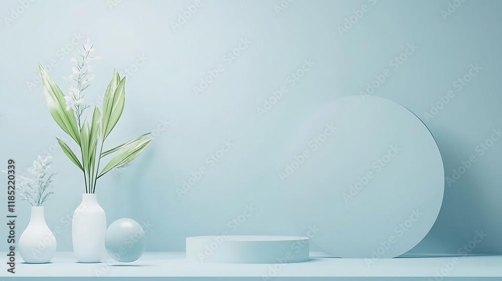 Minimalist pastel blue scene with flowers and vases Minimalist pastel blue scene with flowers and vases