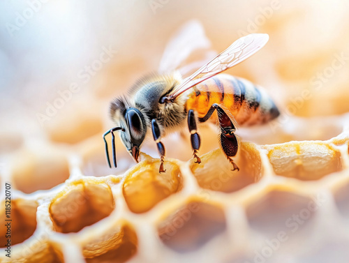 A Honey Bee Delicately Hovers Over a Shimmering Honeycomb, Surveying the Sweet Golden Nectar Below Amidst Nature's Intricate Patterns. photo