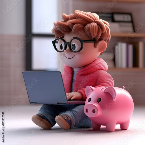 3D Illustration of Young Man Working on Laptop Sitting on Pink Piggy Bank Isolated on White Background photo