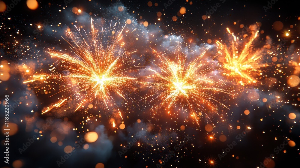 Naklejka premium Fiery fireworks display with sparks and smoke against a dark night sky.