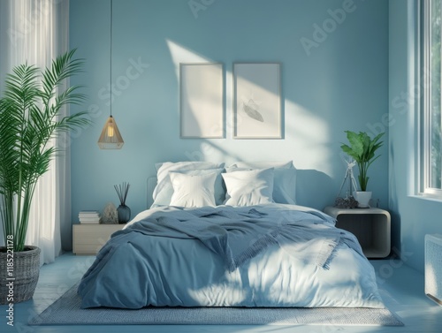Serene Blue Bedroom With Pl...