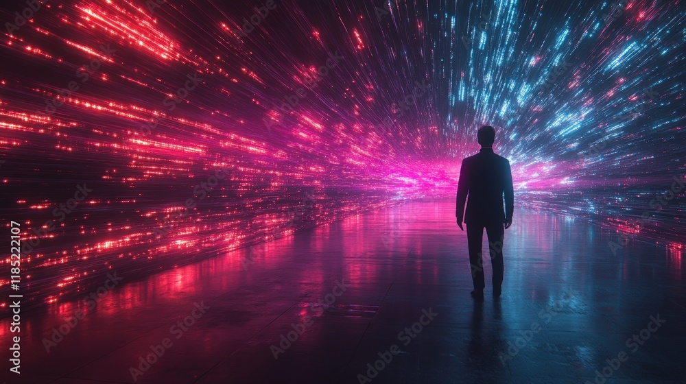 Man standing in a futuristic, neon-lit tunnel. Man standing in a futuristic, neon-lit tunnel.