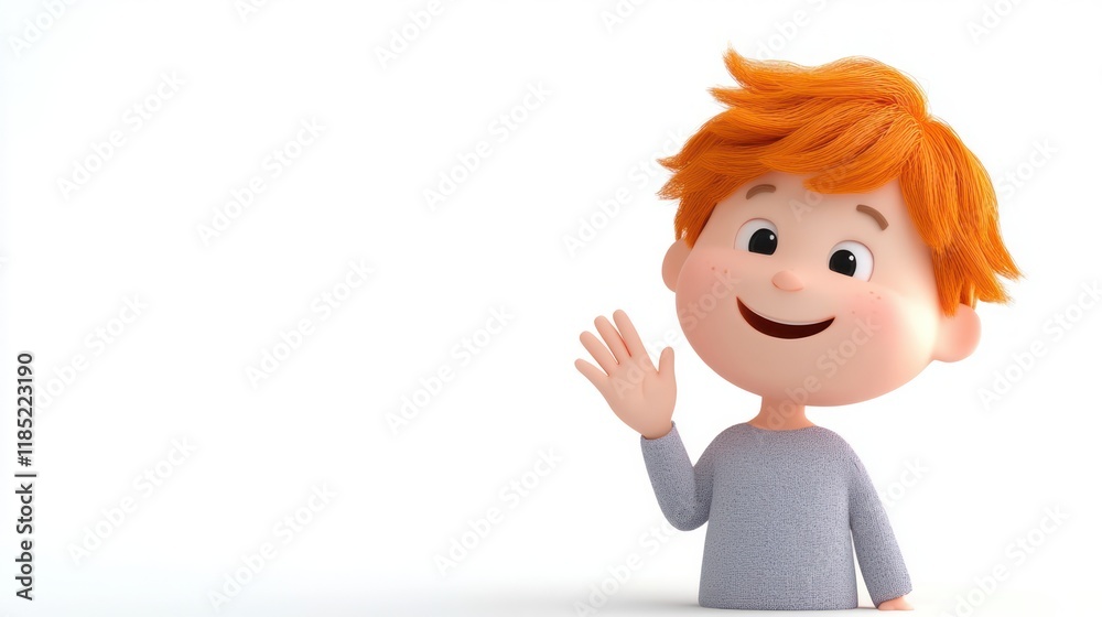 3D illustration of cheerful cartoon character with orange hair waving hello on white background 3D illustration of cheerful cartoon character with orange hair waving hello on white background