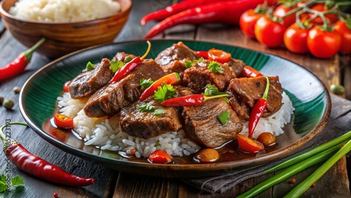 Indonesian Empal Meat: Marinated Beef Slices with Rice & Spicy Chili Sauce photo