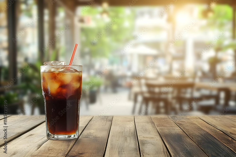 A refreshing glass of iced beverage on a wooden table in a cozy outdoor caf? setting. A refreshing glass of iced beverage on a wooden table in a cozy outdoor caf? setting.