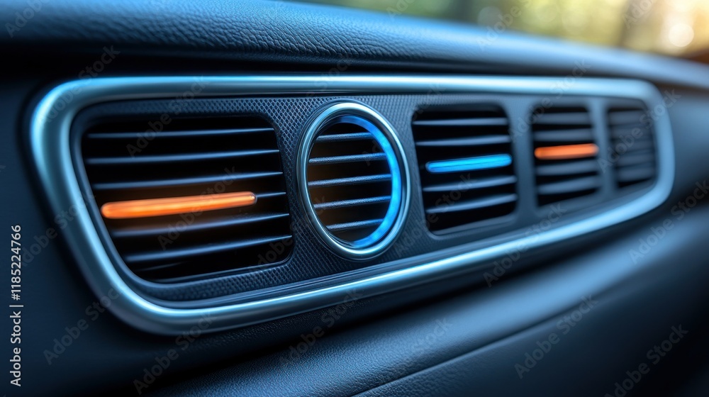 Close-up of illuminated car air vents with blue and orange lights. Close-up of illuminated car air vents with blue and orange lights.