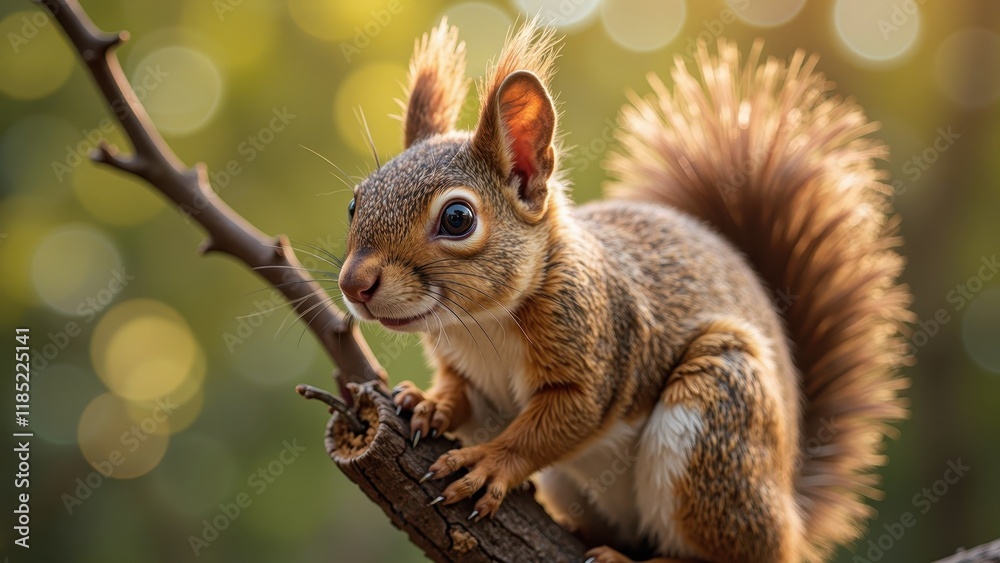 A curious brown squirrel sits poised on a branch, its bright eyes fixed intently to one side, set against a softly blurred outdoor backdrop A curious brown squirrel sits poised on a branch, its bright eyes fixed intently to one side, set against a softly blurred outdoor backdrop