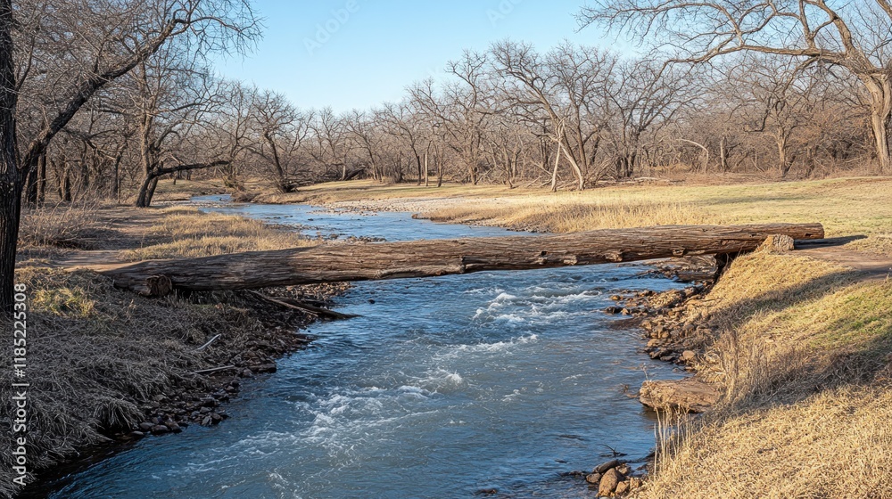 A serene river scene with a wooden bridge and bare trees along the bank. A serene river scene with a wooden bridge and bare trees along the bank.