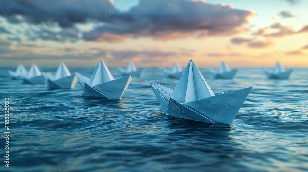 Fleet of origami boats sailing on calm ocean at sunset. Fleet of origami boats sailing on calm ocean at sunset.