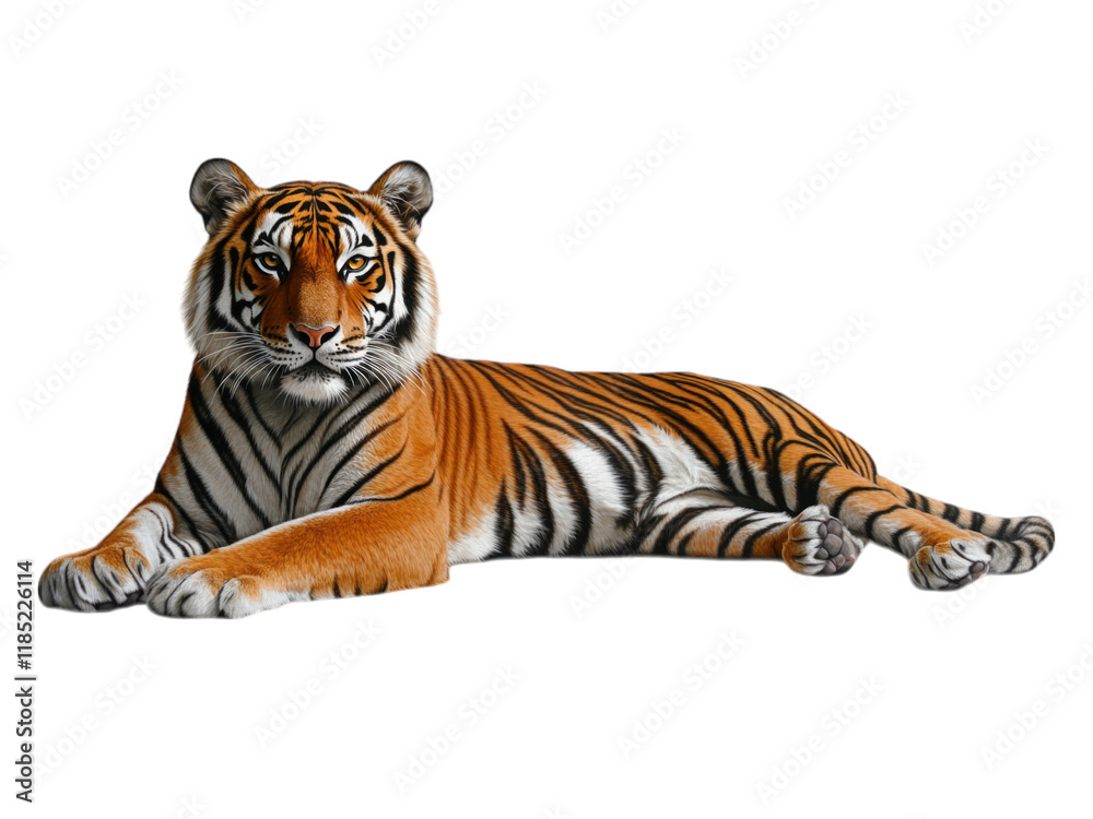 Obraz premium A majestic tiger lying down, isolated on transparent background